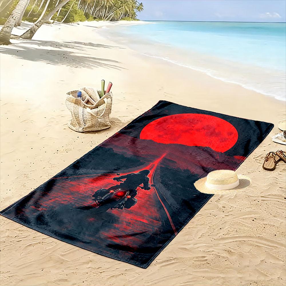 Ride under crimson skies. Print beach towel, quick drying, suitable for travel, outdoor sports, jogging, the beach and swimming, gift