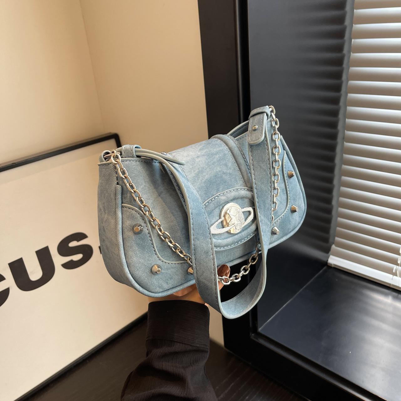 Versatile Retro Denim Chain Bag - Small, Chic, Cross-Season Shoulder Style синий