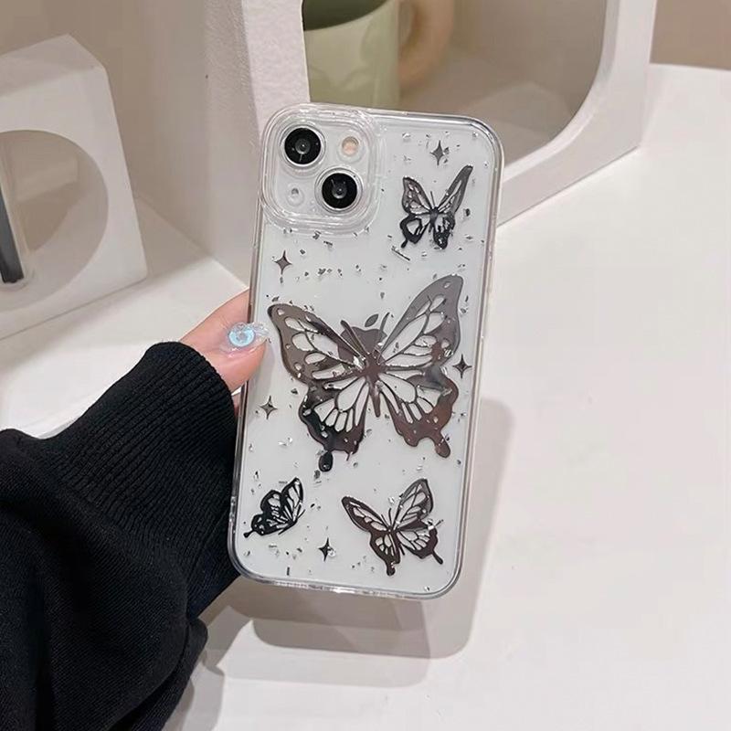 

Electroplated Butterfly 17 Phone Case for IPhone 16 Promax Precision Hole Lens Full Package for Apple 15 Silver Foil Transparent For iPhone 7/8/SE 2020