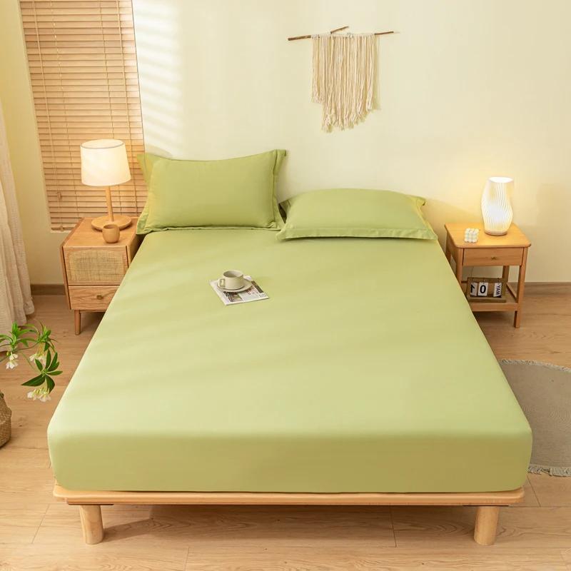 Solid Color Brushed Fitted Bed Sheet Set with 2 Pillowcases Soft Comfortable Non Slip Mattress Protector Cover for Single Double