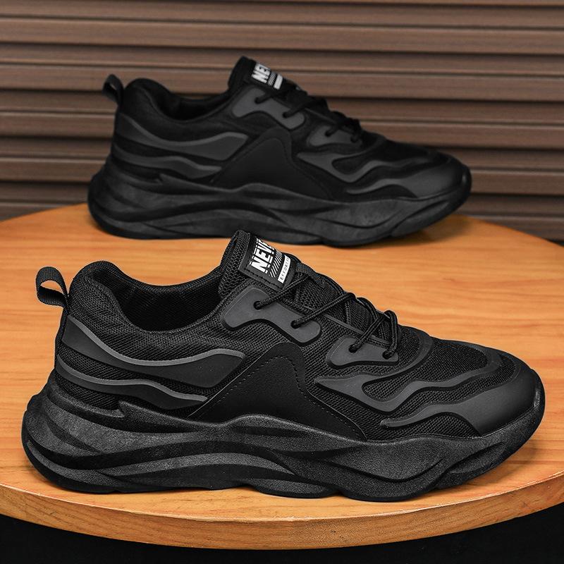 Чисто черные мужские туфли летние на платформе нескользящие кроссовки для бега спортивные — фото 3