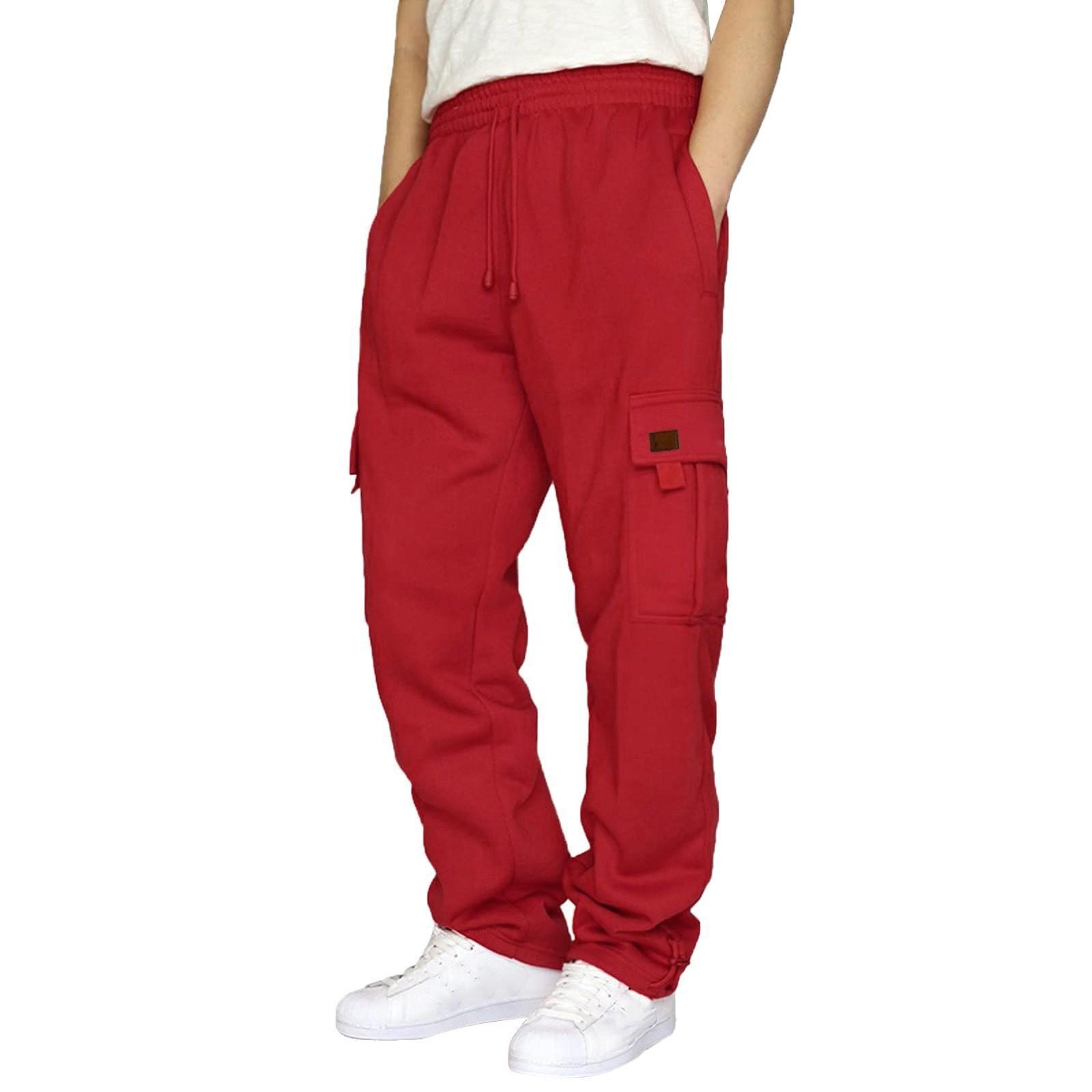 

Cross-border Foreign Trade Explosion Men s Casual Trousers Fleece Tied Feet Multi-pocket Tether Loose Tooling Trousers S красный