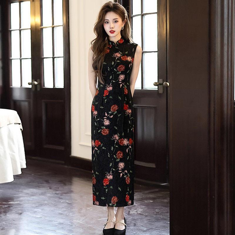 Black Modern Chinese-Inspired Sleeveless Long Cheongsam Dress 2026 Womens Elegant Retro Style Small