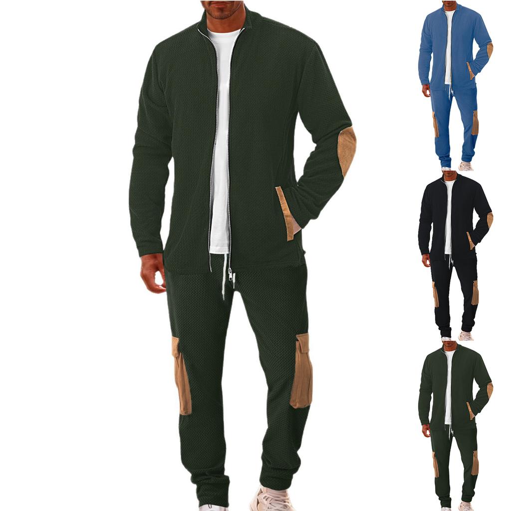 Men's Winter Fleece Tracksuit Sets Stand Collar Sweatshirt Cargo Sweatpants 2 Piece Jogging