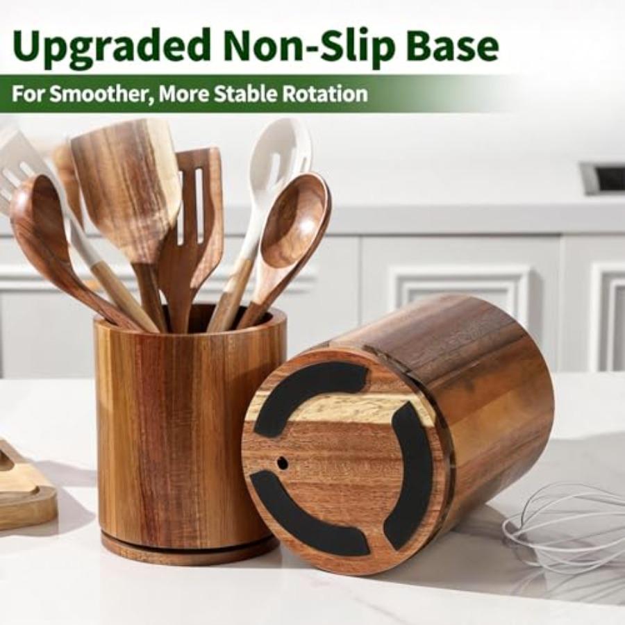 Wooden Utensil Holder 360 Rotating 7.3'' Large Kitchen Counter Utensil Organizer with Walnut Finish Farmhouse Style Countertop