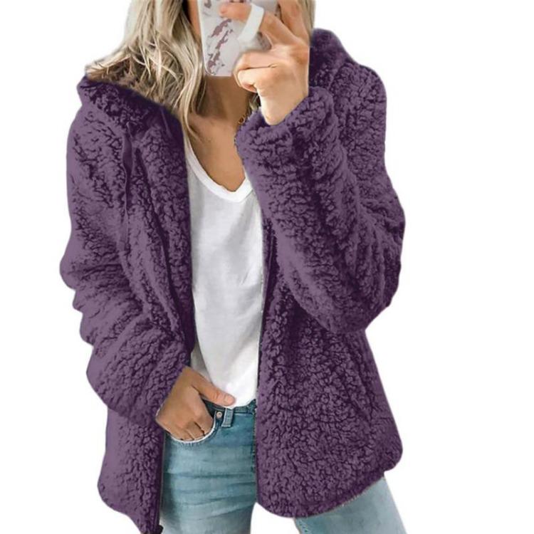 Warm Winter Hooded Fleece Coat Women Plush Fluffy Cardigan Fur Wool Jacket Long Sleeve Warmer