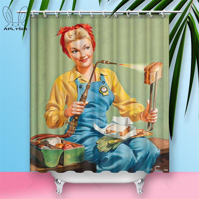 Custom Sexy Girl Hot Breast Shower Curtains European Retro Woman Skirt Dress Daily Waterproof Polyester Fabric Bathroom Curtain