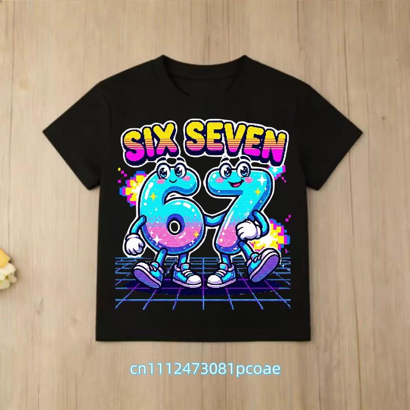 summer short sleeve, cartoon print 2026 personalized digital 67 T-shirt for boys and girls, family style, casual top
