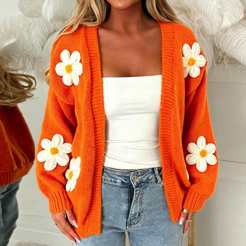 Damen Strickjacke Lockerer Schnitt Farbe mit Großem Blumendruck für Lässige Alltagsmode
