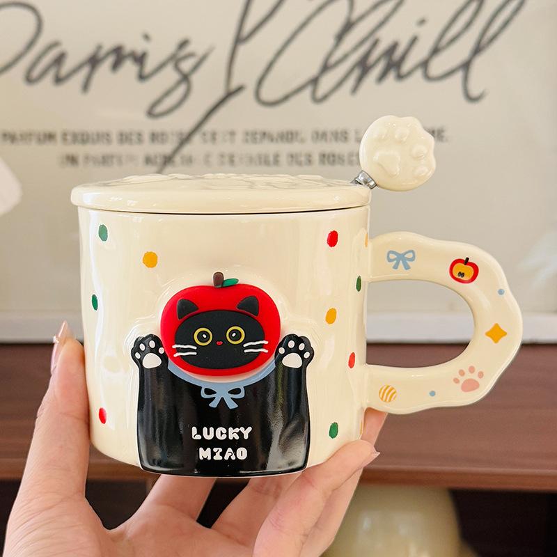 

Cartoon Magnetic Little Black Cat Ceramic Cup with Lid Spoon Cute Animal Children Breakfast Milk Oatmeal Cup Souvenir 380ml