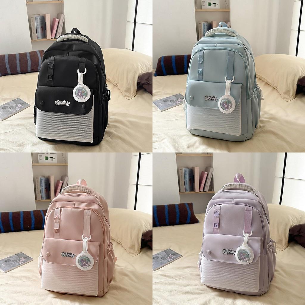 Solid Color Simple Letter Print Student Backpack With Pendant For Daily Use