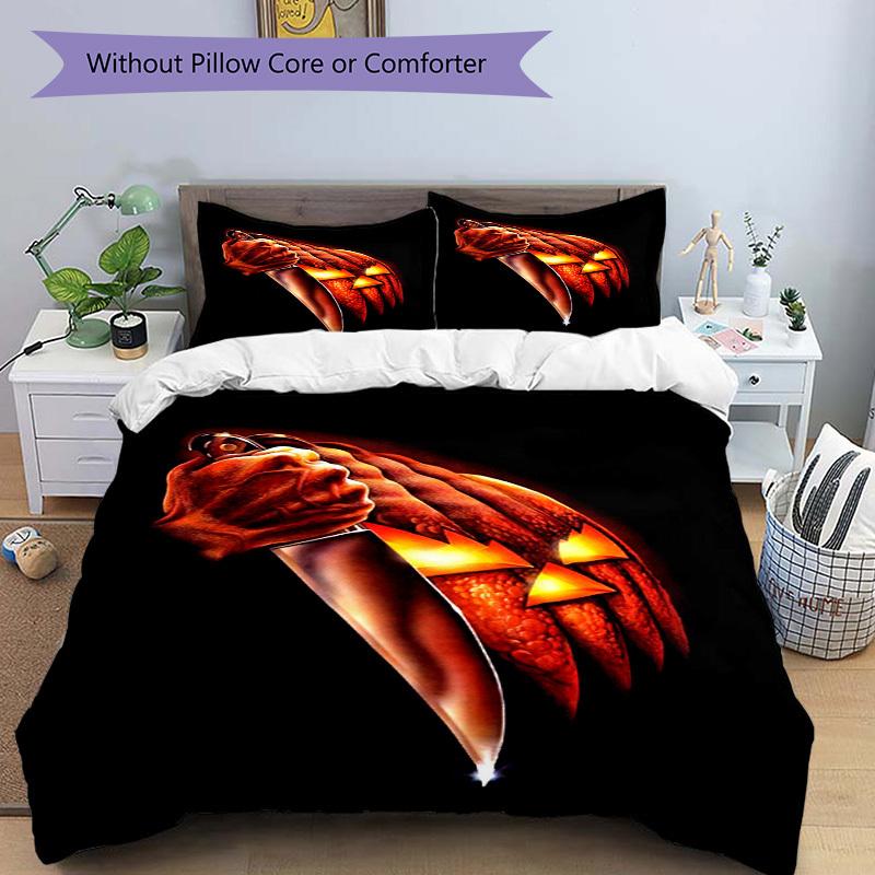 Pumpkin Carving Halloween Horror Bedding Set  Comforter Cover Gift for Bedroom,Includes 1 Cover and 2 Pillowcases, No InsertB256