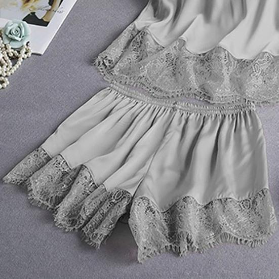 Women's Satin Pajamas Set Lace Cami Top And Shorts Two Piece Sleepwear with Built-in Bra Sexy Camisole Lounge Set