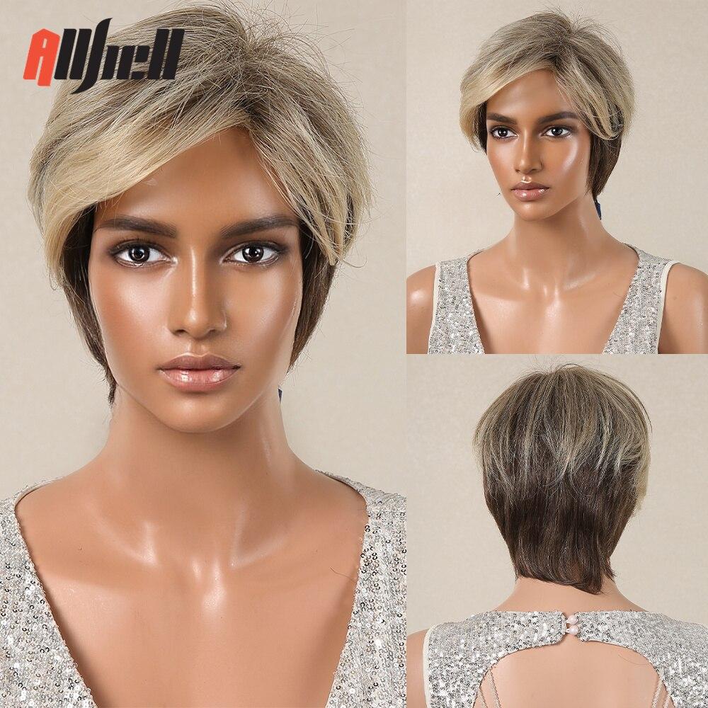 Kurze synthetische Perücken im Pixie-Schnitt, braun, natürlich, gerade, geschichtete Perücke für Frauen, Haarperücke für den täglichen Gebrauch, mit flauschigem Pony, hitzebeständig