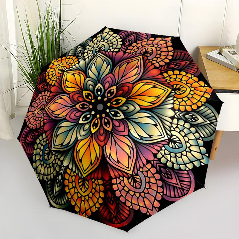 1pc Floral Mandala Automatic Folding Umbrella with 8 Bones, 3-Fold Compact Umbrella, Compact Design On-the-Go Essential, casual outdoor acce