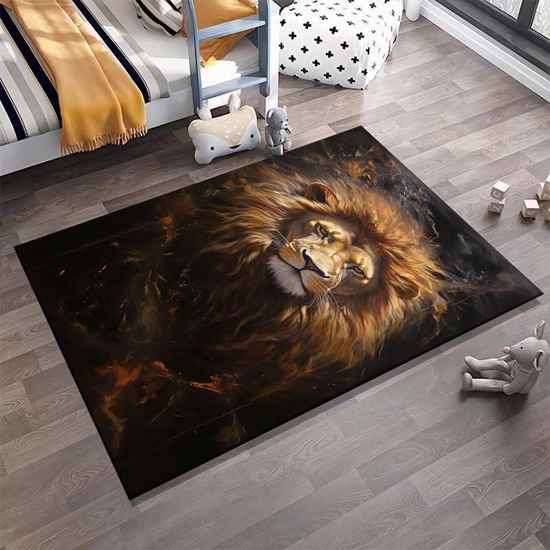 Realistic Lion Portrait Carpet with Fiery Background for Living Room Suitable for use as an anti-slip for living room bedroom sofas