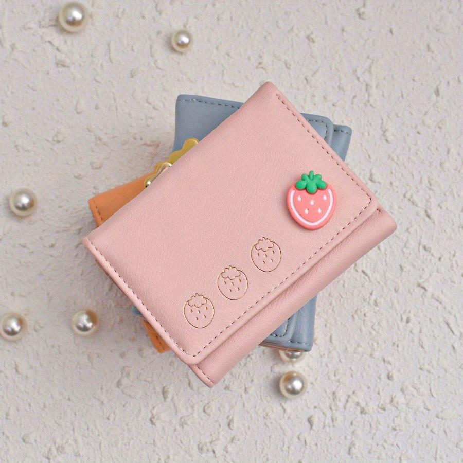 Cute Cartoon Fruit Printed Folding Women's Wallet Korean Style Pu Leather Coin With Clip Hot Pink For Women Wallet Purse Wallet Small Wallet