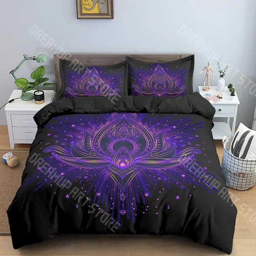 Bohemian Lotus 3pcs Bed Set Duvet Cover Set Mandala Flower Quilt Cover Adult Black Polyester Bedding Set Queen King Twin Te