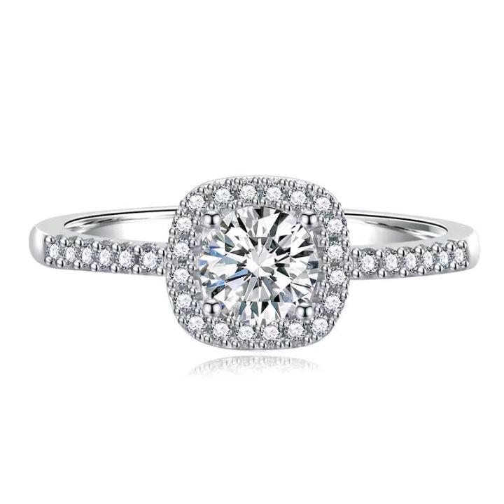 Women's S925 Sterling Silver Square Paved Cushion Shape Double Row Diamond Engagement Ring