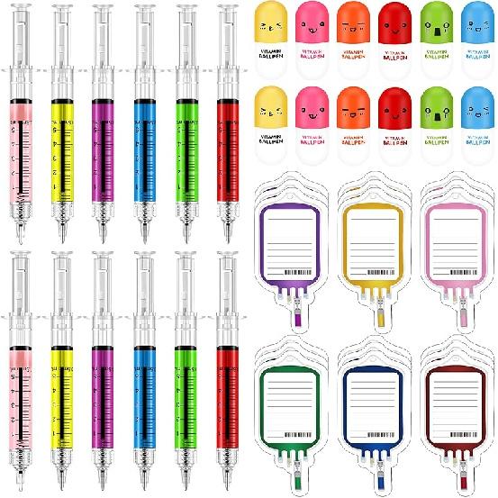 48 Pieces Fun Nurse Pens Set 12 Pcs Syringe Pens 12 Pcs Pill Pens 24 Pcs Blood Bag Sticky Notes Retractable Novelty Ballpoint Pen Cute Ballpoint Pens 48 PCS