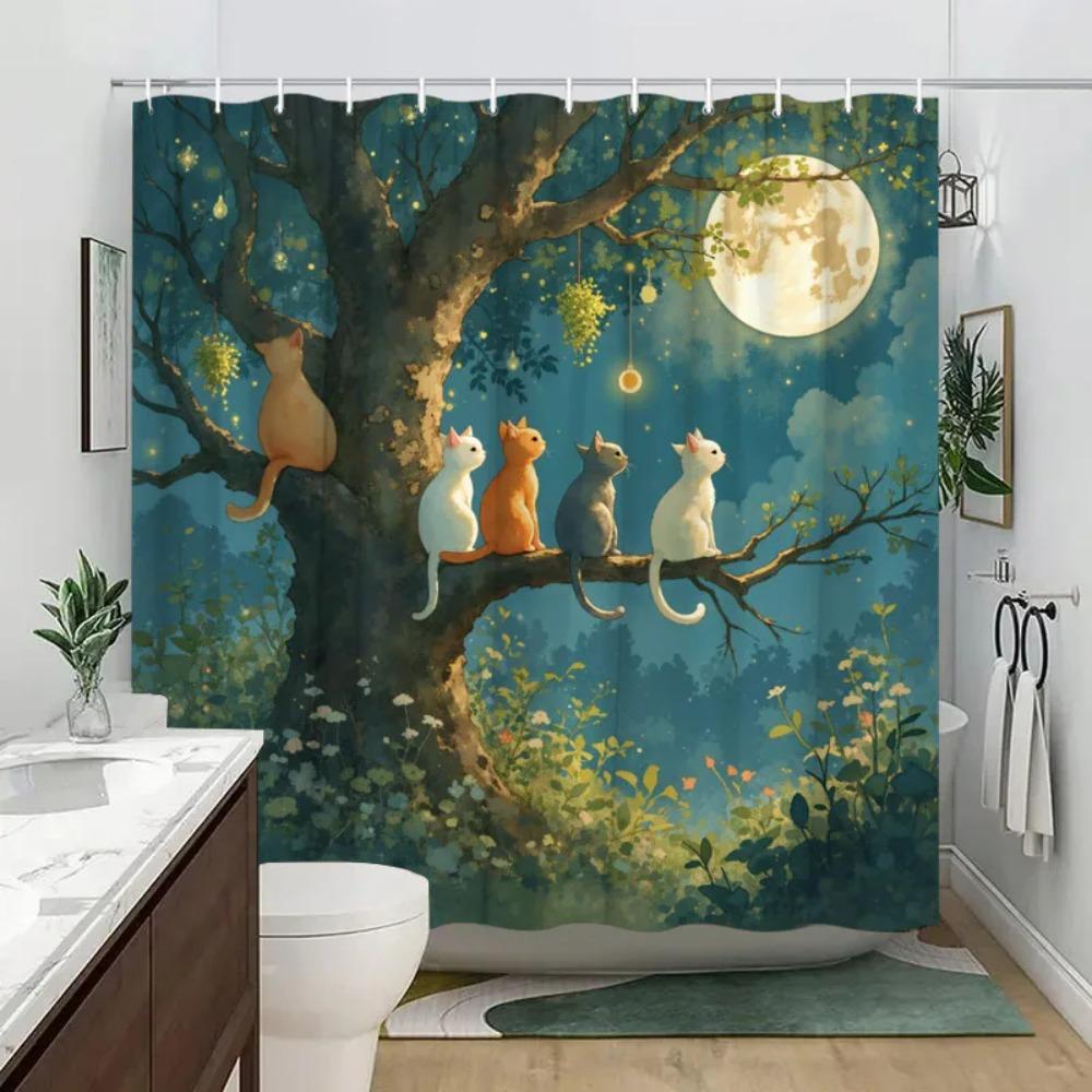 Charming Cats in Moonlit Forest Waterproof Shower Curtain - Adorable Night Scene, High-Quality Fabric, Durable and Stylish