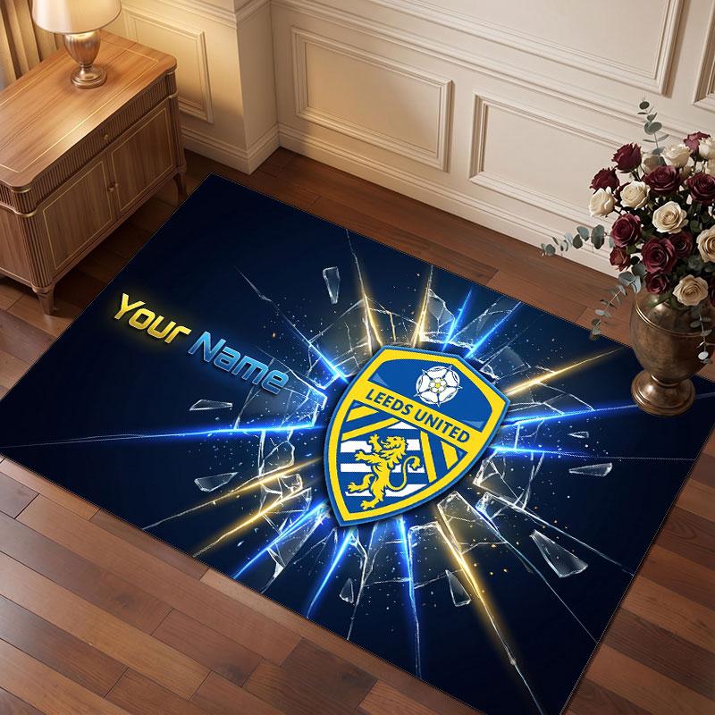Leeds United Custom Crystal Velvet Rug, Personalized Name Text Print, Football Logo Soft Non‑Slip Floor Mat Home Decor Gift