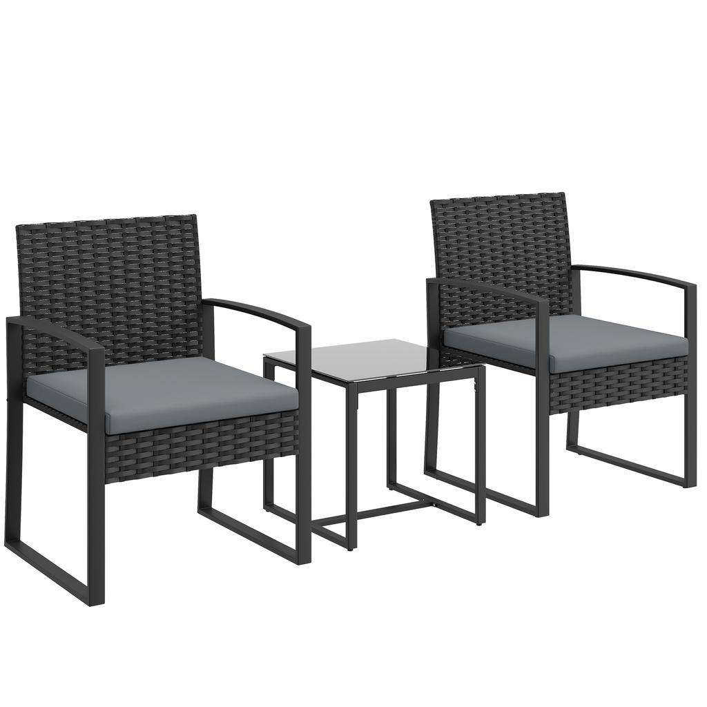 Synthetic Rattan Garden Furniture Set With 2 Chairs With Removable Cushions And Table With Gray Glass Top