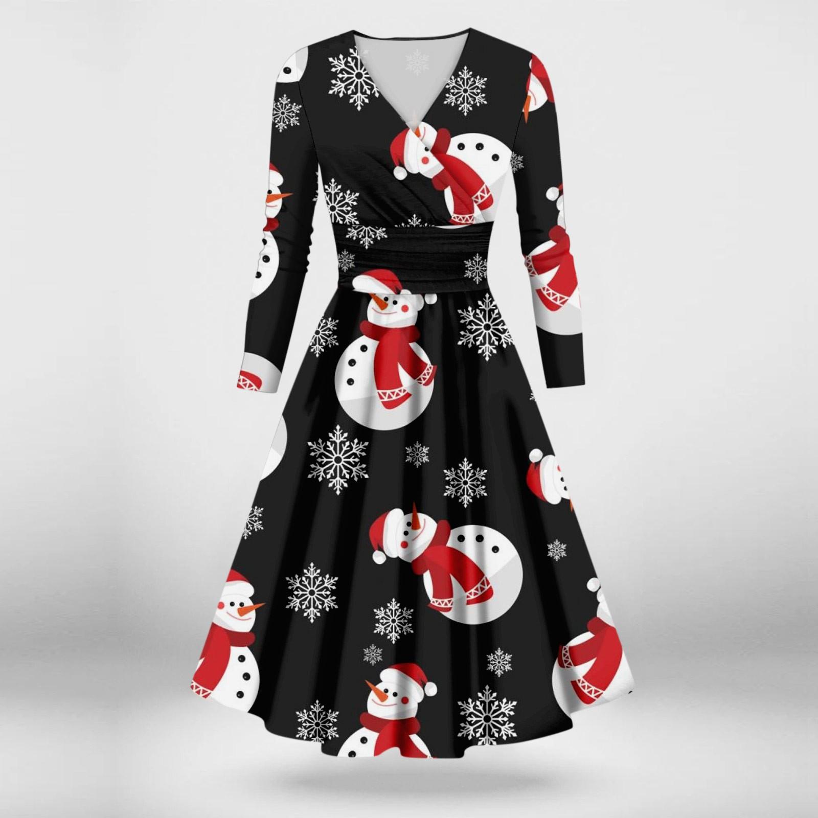Women s Casual And Fashionable Christmas Printed Long Sleeved V-neck Sexy Dress M чёрный