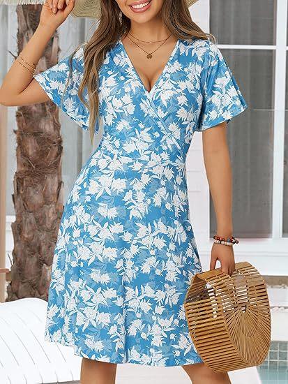 Summer Floral Short Sleeve Wrap V-Neck A Line Midi Dress