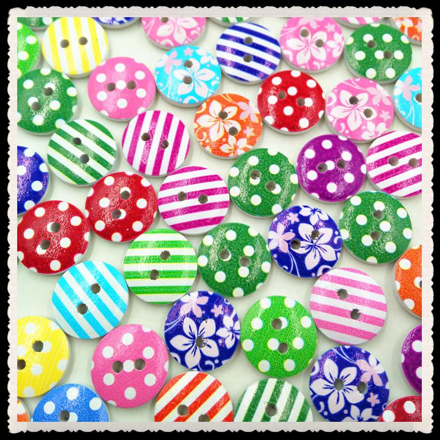 100pcs 15mm Mixed Round Pattern 2 Holes Wood Buttons Sewing Scrapbooking New
