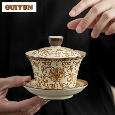 150ml Chinese Ru Kiln Porcelain Gaiwan Vintage Golden Flower Blessing Tea Tureen Tea Maker Cover Bowl Chinese Tea Set Decoration