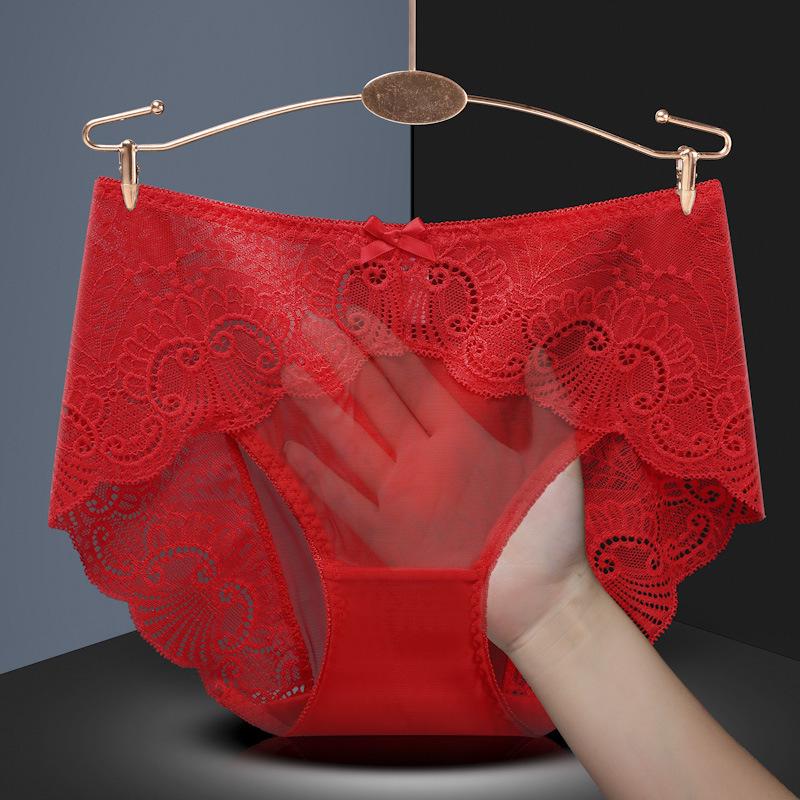 Plus Size Sexy Lace Seamless Thongs - Women s Mid-Waist, Breathable Mesh with Cotton Crotch XXL красный