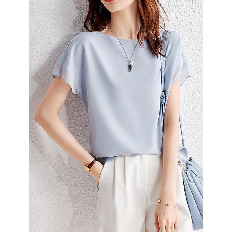 Women's Blouse Summer Short-sleeved T-shirt Round Neck Loose Simple Chiffon Shirt