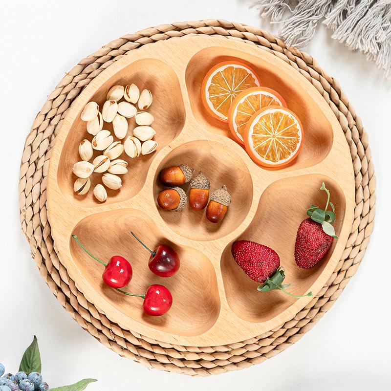 Japanese Style Solid Wood Round Fruit Plate with Five Compartments - Ideal for Snacks and Dried Fruit