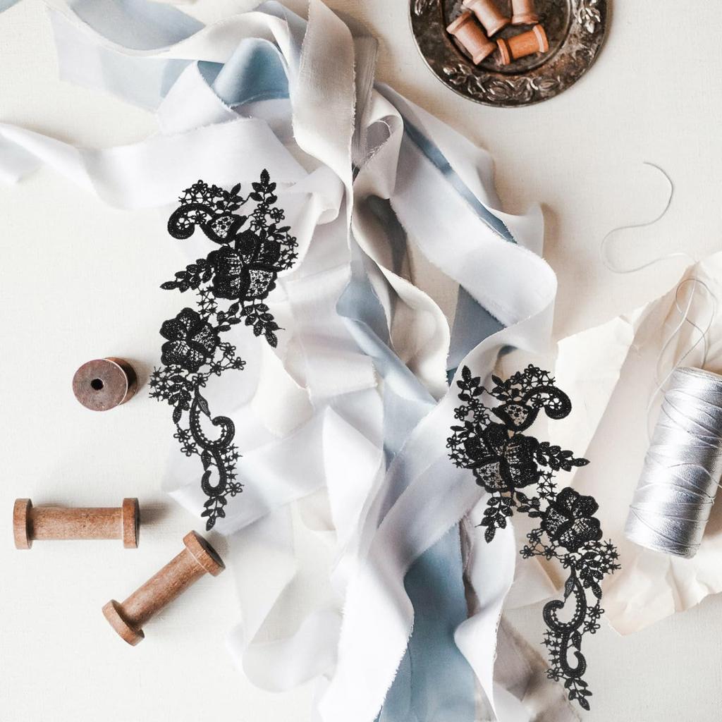 EXCEART Wedding Lace Fabric, Floral Embroidered Patches for Decorative Flower Appliques, DIY Accessories, Black Polyester Thread, 1 Pair