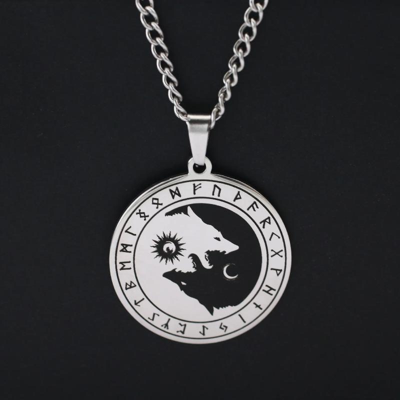 Stainless Steel Yin Yang Wolf Sun Moon Pendant Norse Viking Necklace Nordic Talisman Amulet