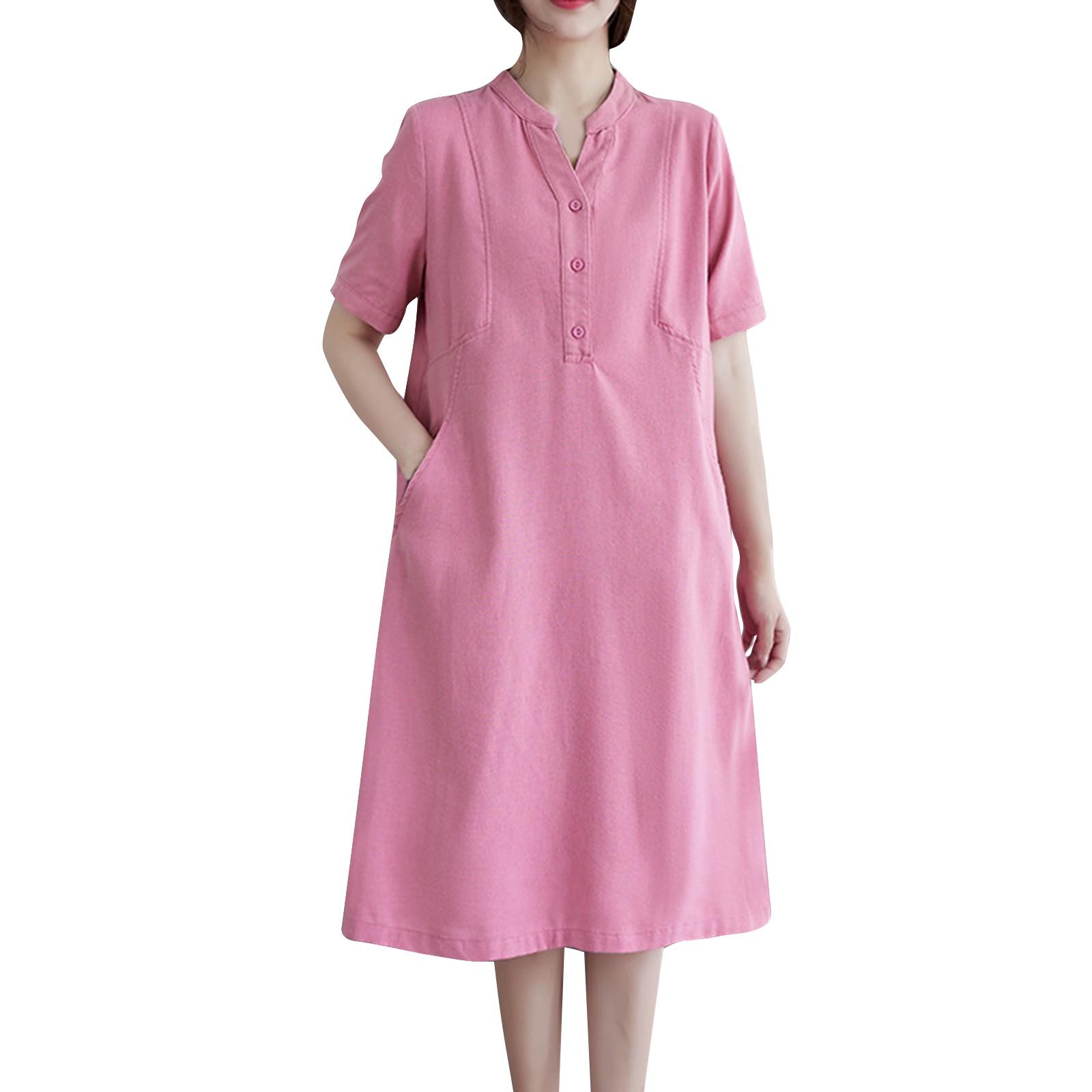 

Женское платье летнее новое литературное свободное однотонное хлопковое льняное платье с V-образным вырезом и короткими рукавами средней длины XL розовый