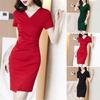 Damen Sommer Freizeitkleid Kurzarm V-Ausschnitt Hohe Taille Raffung Bodycon Mini Einteiler Slim Fit Kleid
