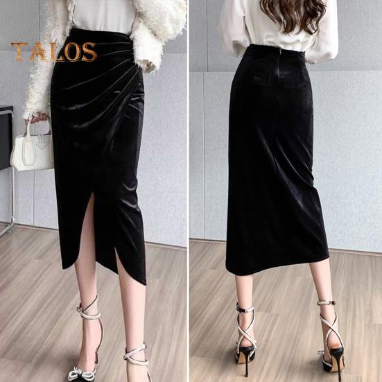Women Midi Skirt High Waist Irregular Front Slit Design Golden Velvet Skirt Solid Color Design Leg-shaping Skirt