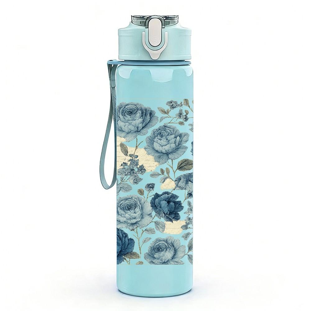 1PC Blue White Floral Seamless Pattern Print 750ml Color Plastic Sports Water Bottle Leakproof Flip Straw Lid Suitable for Sports Office Home Use