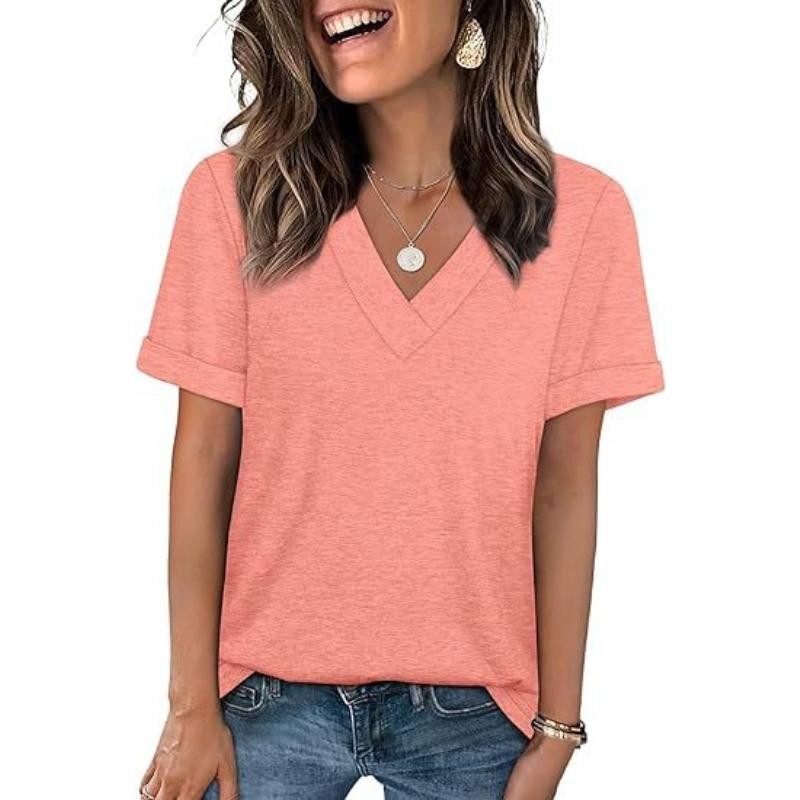 Women S Solid Color V Neck Short Sleeve Casual T Shirt