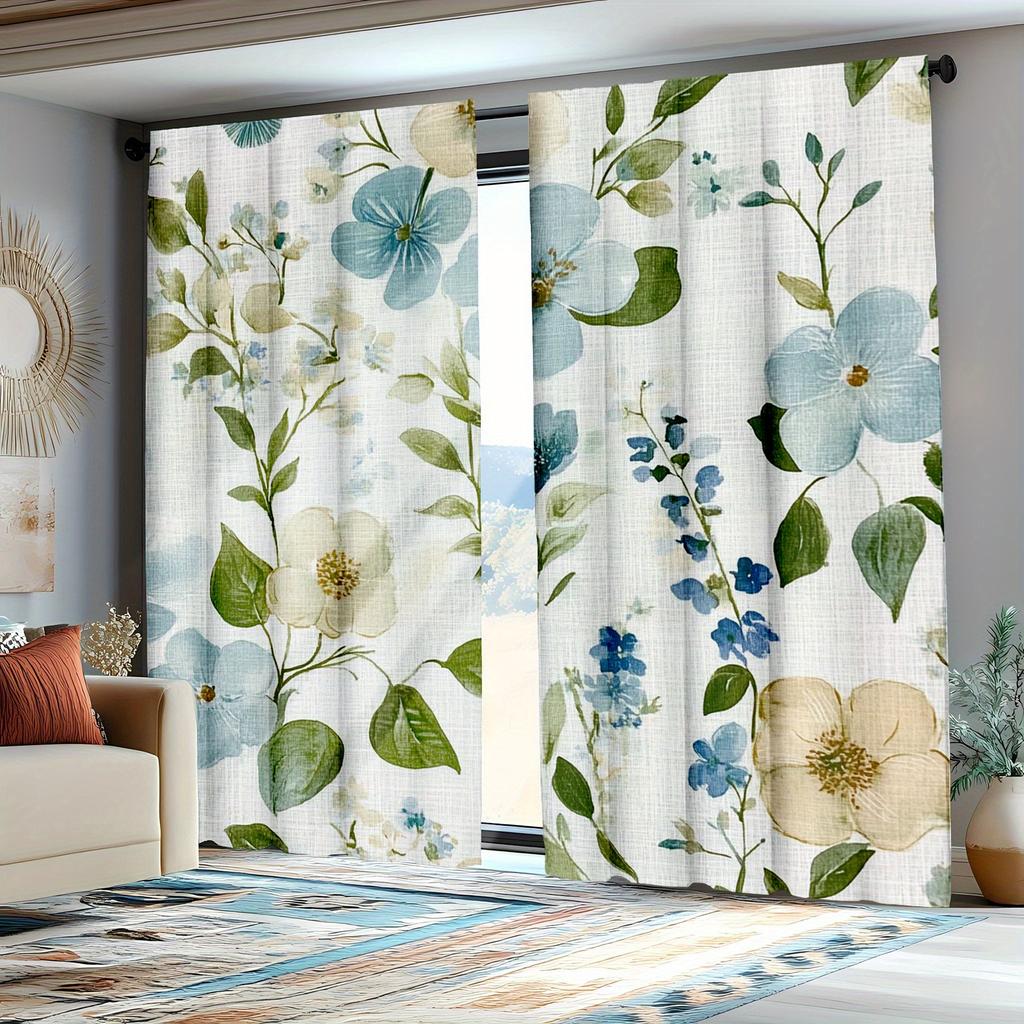 Green Leaf Blue Flower Print Curtains Suitable Living Room Bedroom Decoration Polyester Fabric Made Of Machine Washable Area Window Treatment