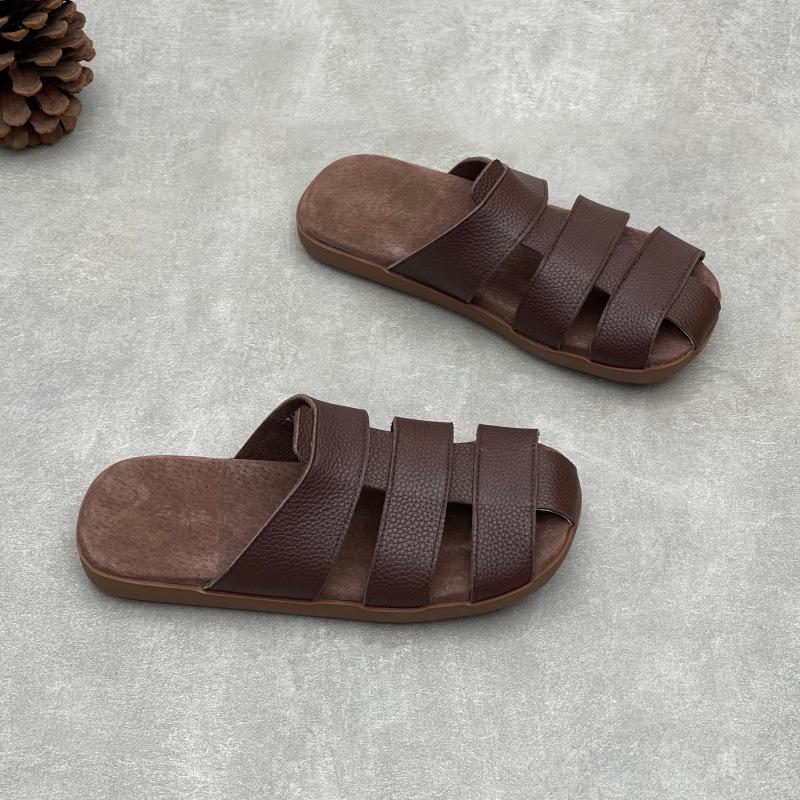 Johnature Genuine Leather Flat Slippers Weaving Hollow-out Breathable Casual Women's Slip-on Shoes