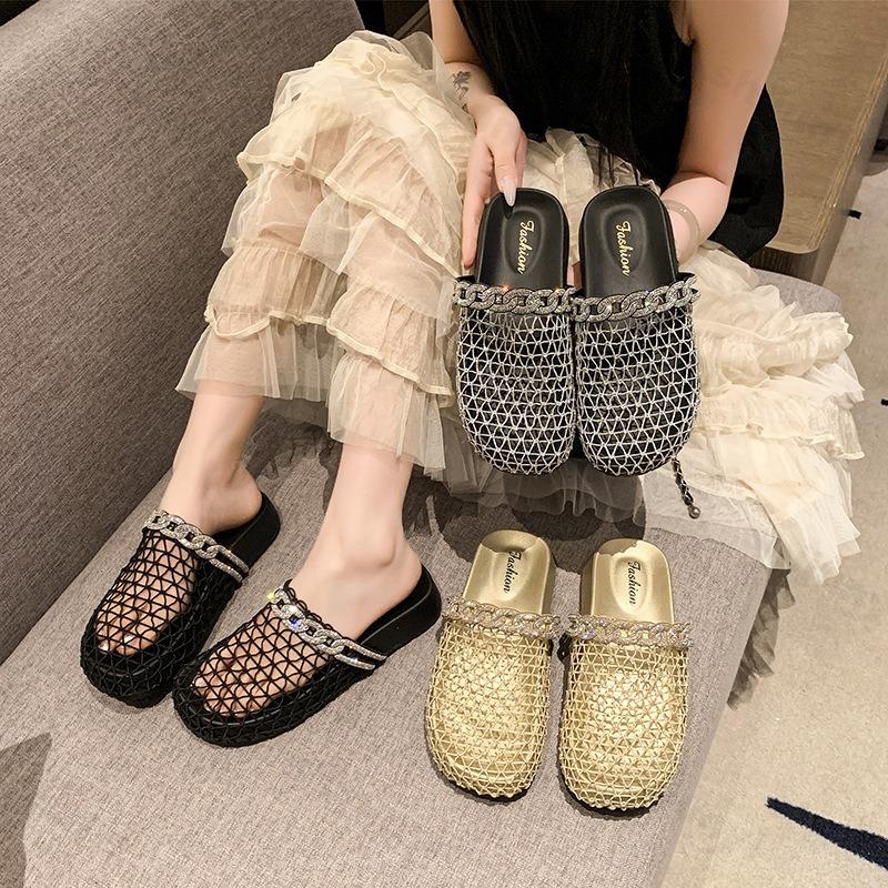 Fashion Summer Women's Slippers Flat Breathable Round Toe Rhinestones Women's Mules Mesh Fashion Outdoor Beach Shoes Zapatillas De Mujer
