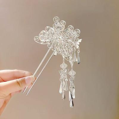 Silver Butterfly Tassel Hairpin Metal Hanfu Hair Sticks Ethnic Style Headwear  Costume Headdress
