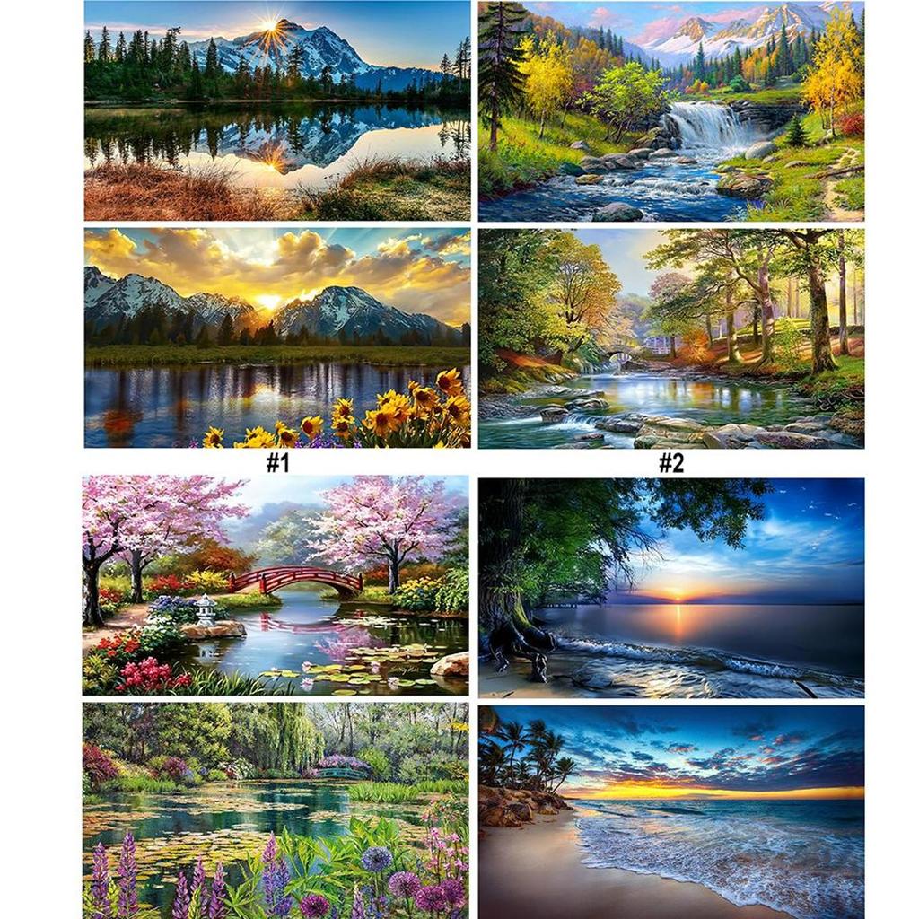 2pcs Landscape 5D DIY Full Drill Round Diamond Painting Kit for Home Wall Decor