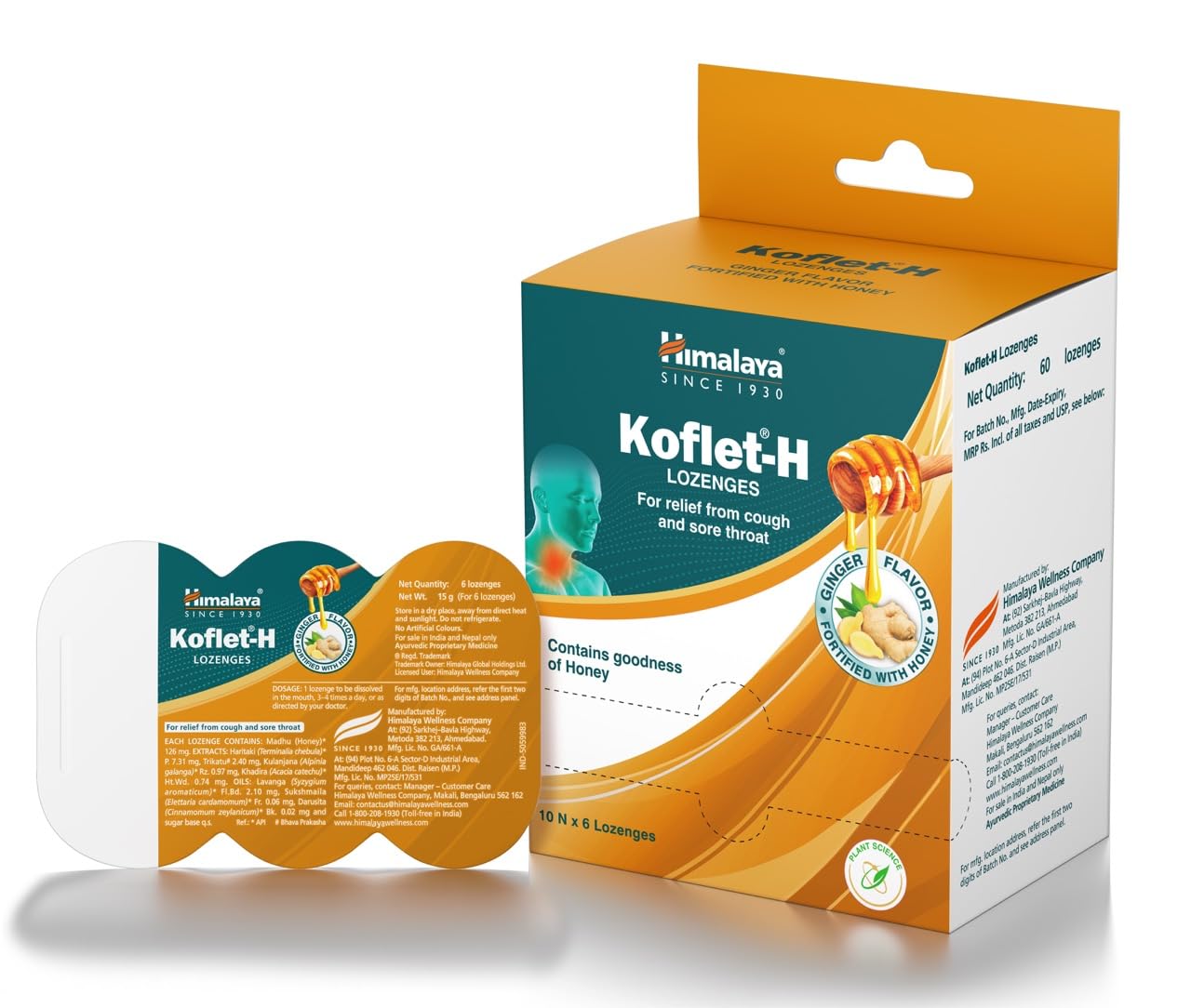 

Himalaya Koflet H Lozenges Ginger Flavor 10 Blisters 60 Lozenges Herbal Cough Relief Non Drowsy Honey Based Throat Soothing Candy Supplement