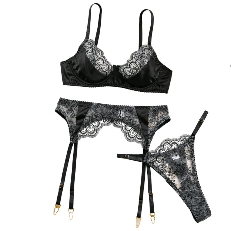 Embroidered Lace Bra Hollow Out Three Piece Backless Women's Lingerie With Silk Stockings Underwear