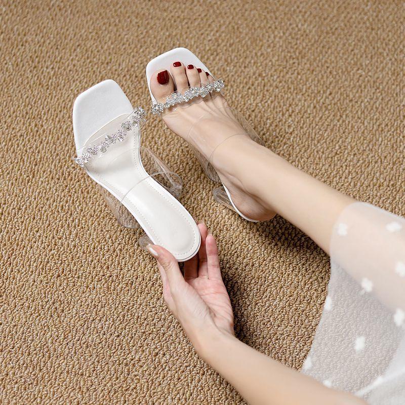 Coarse Heel Wear Cool Slippers Women Spring 2024 Internet Celebrity Transparent Women Temperament Non-slip Not Tired Feet High Heels