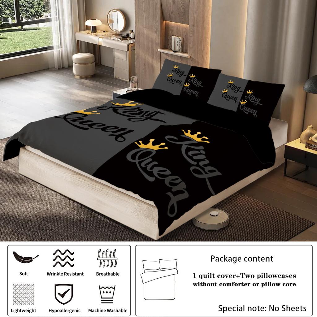 3-piece Couple Black Grey King Queen Pattern Printed Down Duvet Cover (1 piece set+2 pillowcases, no core) Couple Bedding Set